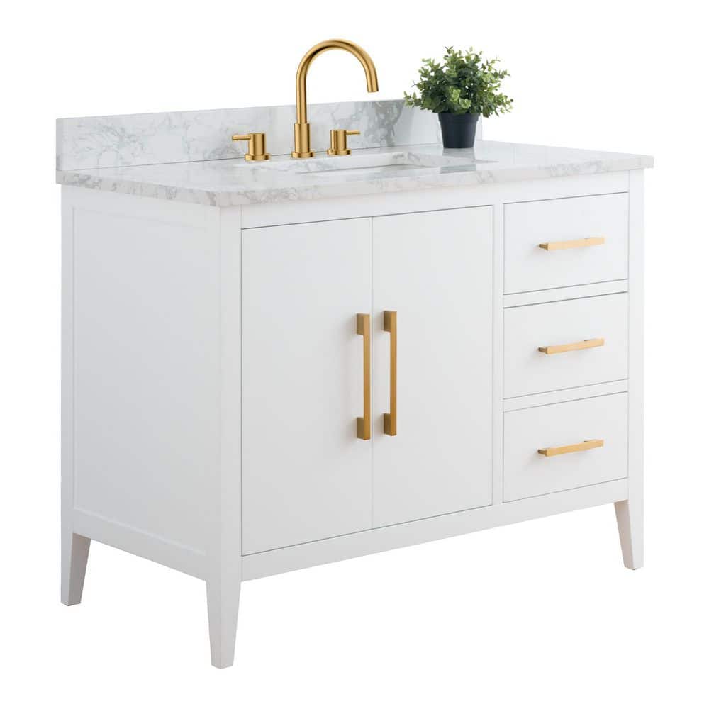 Vanity Art 42 in. W x 22 in. D x 34 in. H Single Sink Bathroom Vanity Cabinet in White with Engineered Marble Top