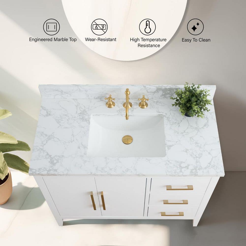 Vanity Art 42 in. W x 22 in. D x 34 in. H Single Sink Bathroom Vanity Cabinet in White with Engineered Marble Top