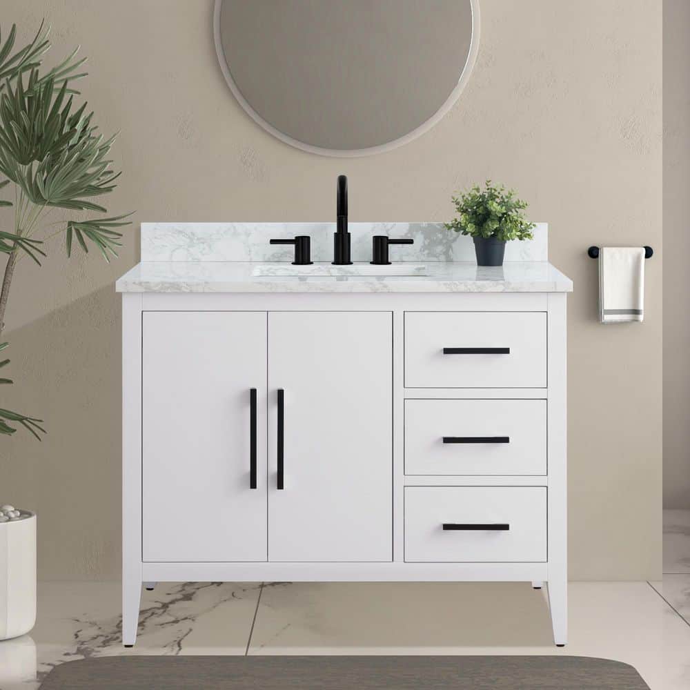 Vanity Art 42 in. W x 22 in. D x 34 in. H Single Sink Bathroom Vanity Cabinet in White with Engineered Marble Top