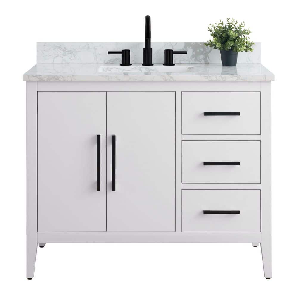 Vanity Art 42 in. W x 22 in. D x 34 in. H Single Sink Bathroom Vanity Cabinet in White with Engineered Marble Top