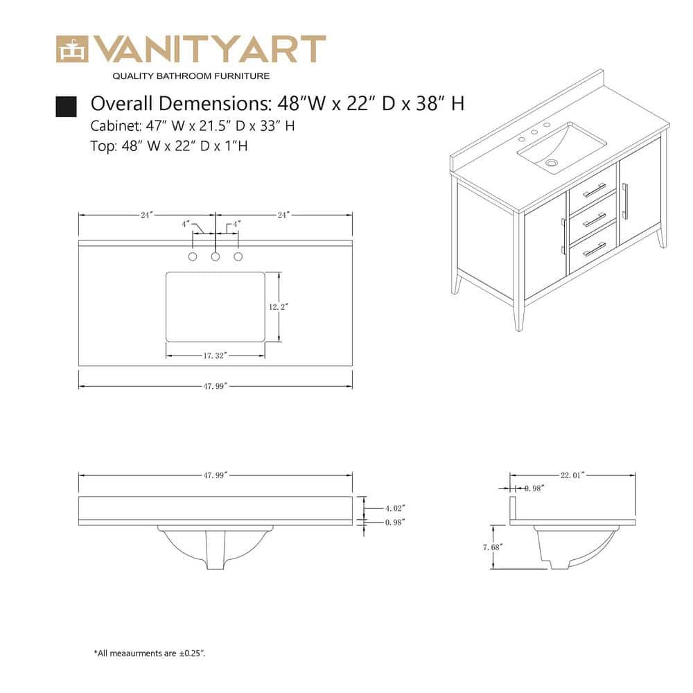 Vanity Art 48 in. W x 22 in. D x 34 in. H Single Sink Bathroom Vanity Cabinet in Driftwood Gray with Engineered Marble Top