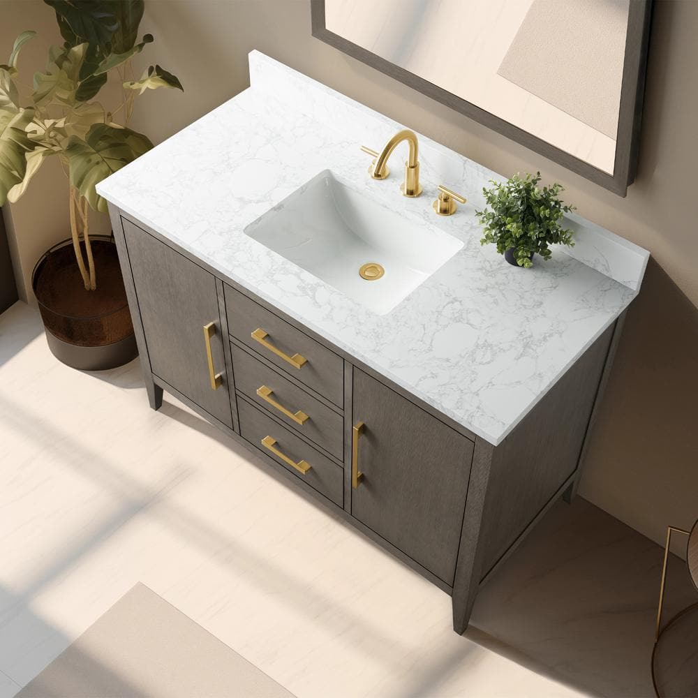 Vanity Art 48 in. W x 22 in. D x 34 in. H Single-Sink Bath Vanity in Driftwood Gray with Engineered Marble Top in Arabescato White