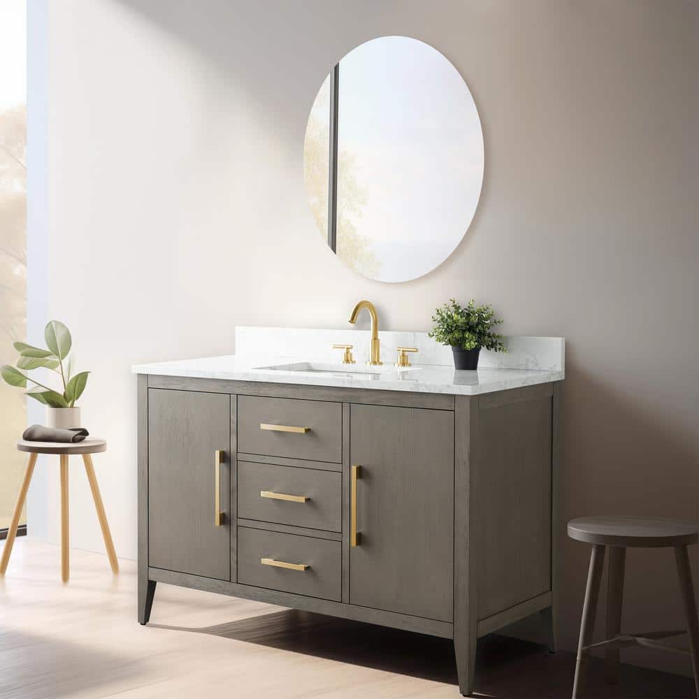 Vanity Art 48 in. W x 22 in. D x 34 in. H Single-Sink Bath Vanity in Driftwood Gray with Engineered Marble Top in Arabescato White