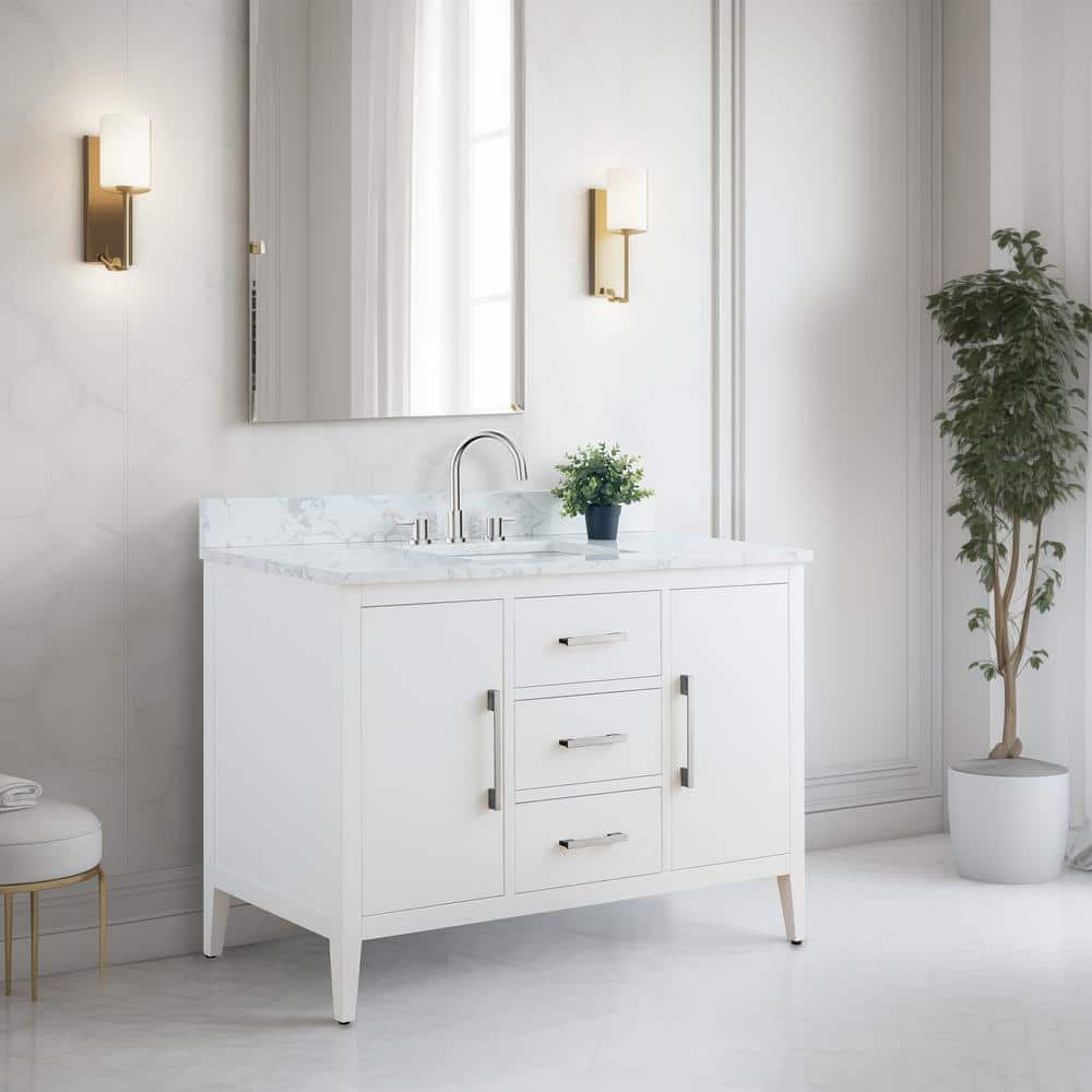 Vanity Art 48 in. W x 22 in. D x 34 in. H Single Sink Bathroom Vanity Cabinet in White with Engineered Marble Top