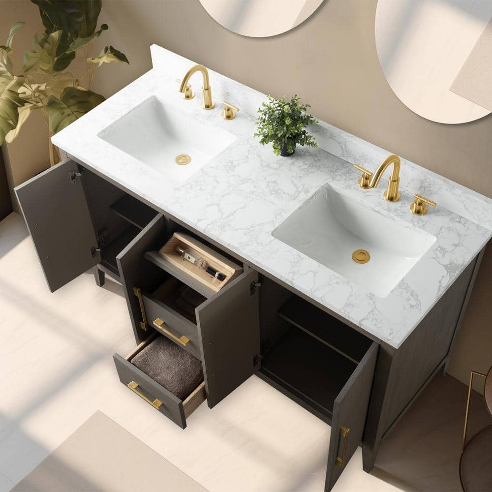 Vanity Art 60 in. W x 22 in. D x 34 in. H Double-Sink Bath Vanity in Driftwood Gray with Engineered Marble Top in Arabescato White