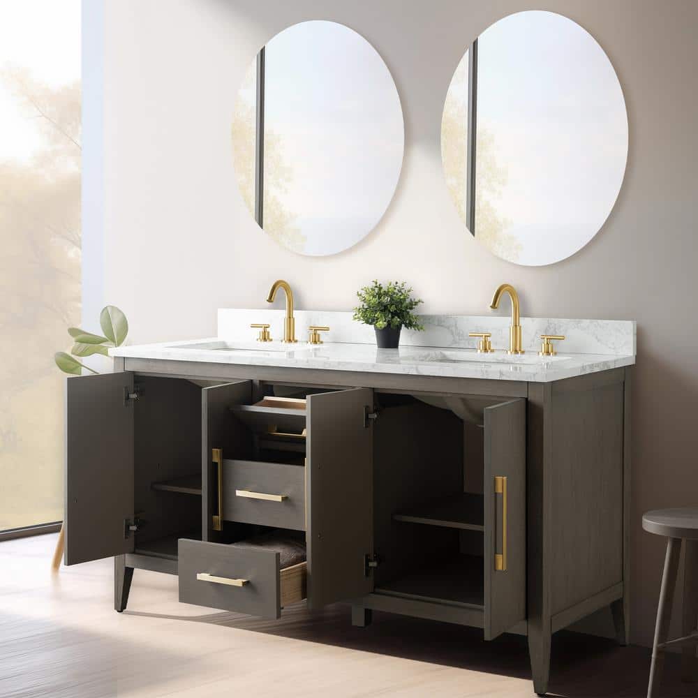 Vanity Art 60 in. W x 22 in. D x 34 in. H Double-Sink Bath Vanity in Driftwood Gray with Engineered Marble Top in Arabescato White