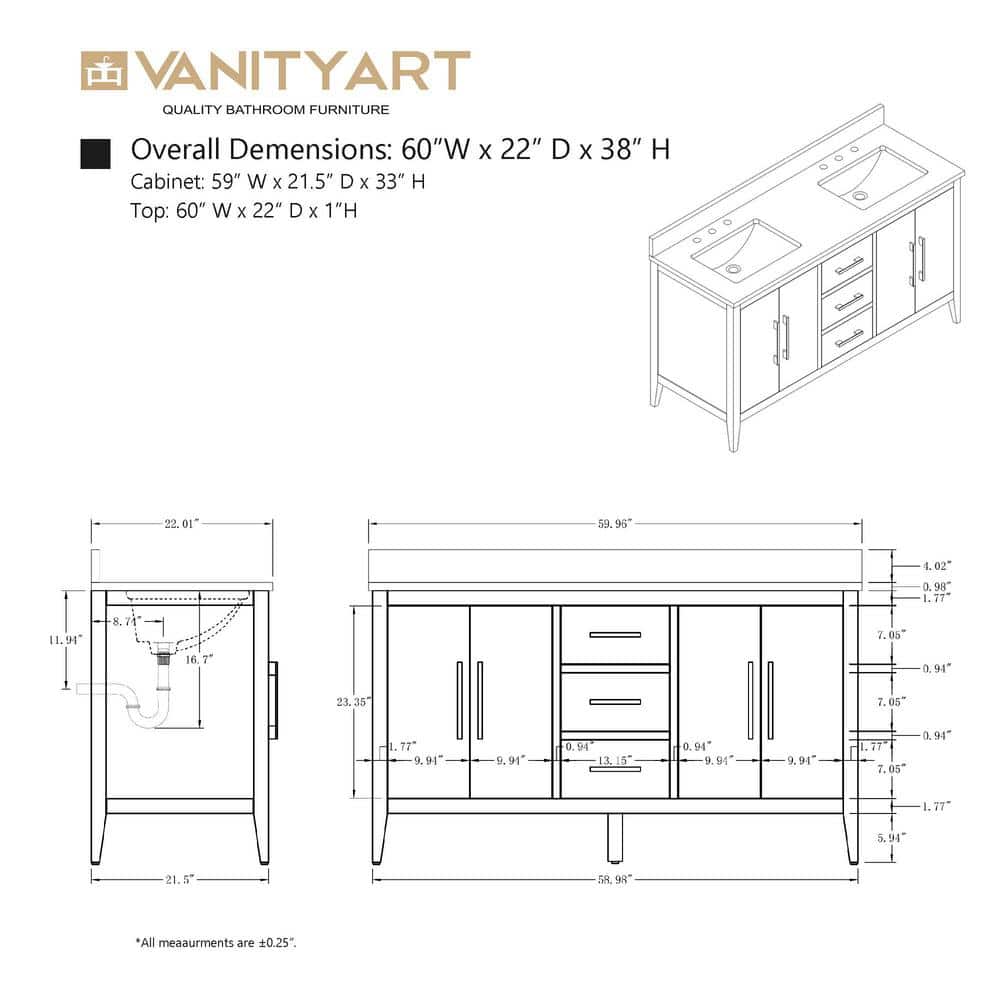 Vanity Art 60 in. W x 22 in. D x 34 in. H Double-Sink Bath Vanity in Driftwood Gray with Engineered Marble Top in Arabescato White