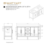 Vanity Art 60 in. W x 22 in. D x 34 in. H Double-Sink Bath Vanity in Driftwood Gray with Engineered Marble Top in Arabescato White