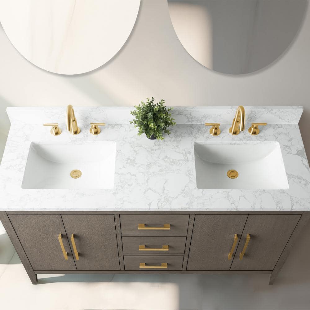 Vanity Art 60 in. W x 22 in. D x 34 in. H Double-Sink Bath Vanity in Driftwood Gray with Engineered Marble Top in Arabescato White