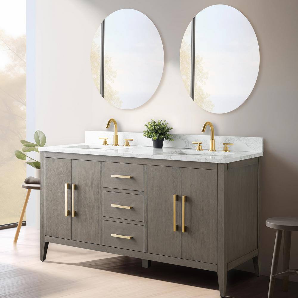 Vanity Art 60 in. W x 22 in. D x 34 in. H Double-Sink Bath Vanity in Driftwood Gray with Engineered Marble Top in Arabescato White