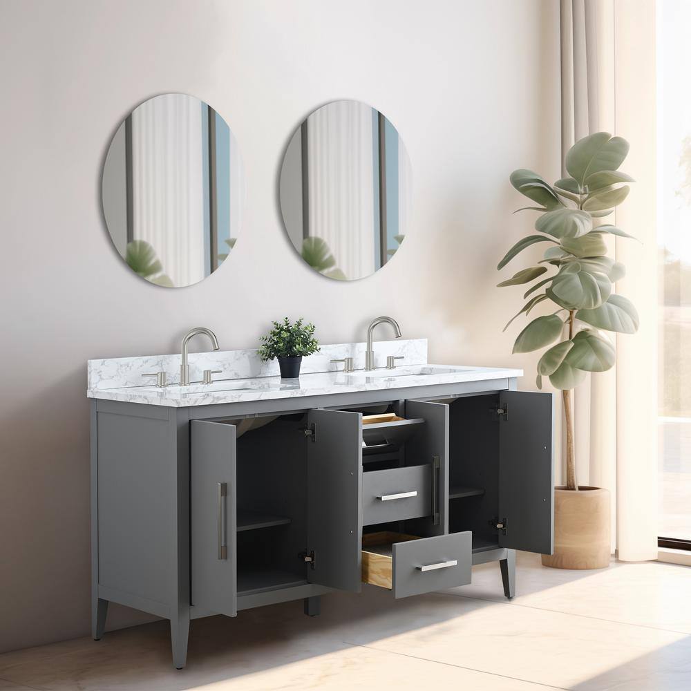 Vanity Art 60 in. W x 22 in. D x 34 in. H Double Sink Bathroom Vanity Cabinet in Cashmere Gray with Engineered Marble Top in White