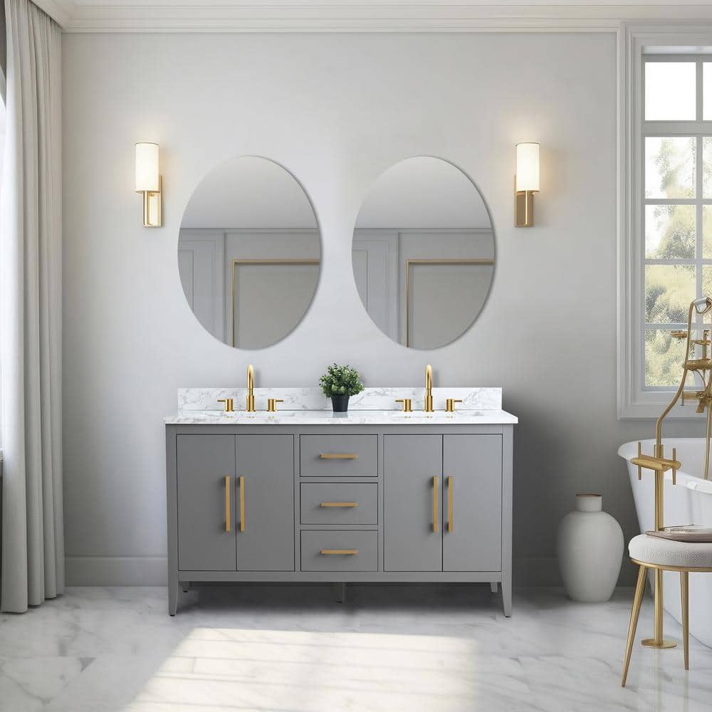 Vanity Art 60 in. W x 22 in. D x 34 in. H Double Sink Bathroom Vanity Cabinet in Cashmere Gray with Engineered Marble Top in White