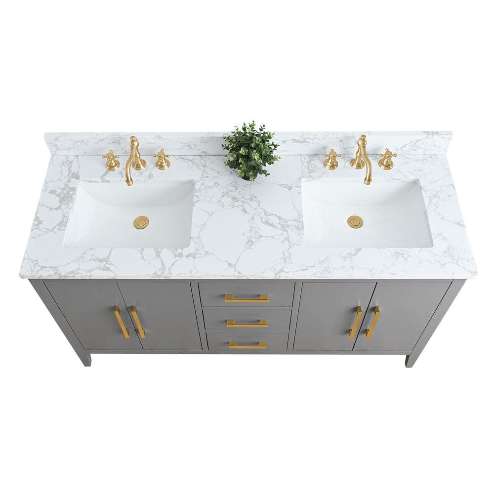Vanity Art 60 in. W x 22 in. D x 34 in. H Double Sink Bathroom Vanity Cabinet in Cashmere Gray with Engineered Marble Top in White