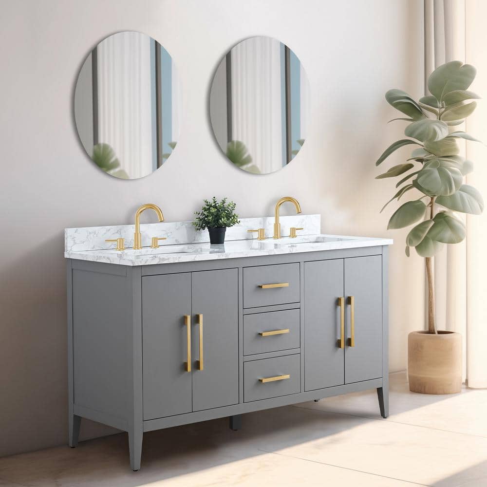 Vanity Art 60 in. W x 22 in. D x 34 in. H Double Sink Bathroom Vanity Cabinet in Cashmere Gray with Engineered Marble Top in White
