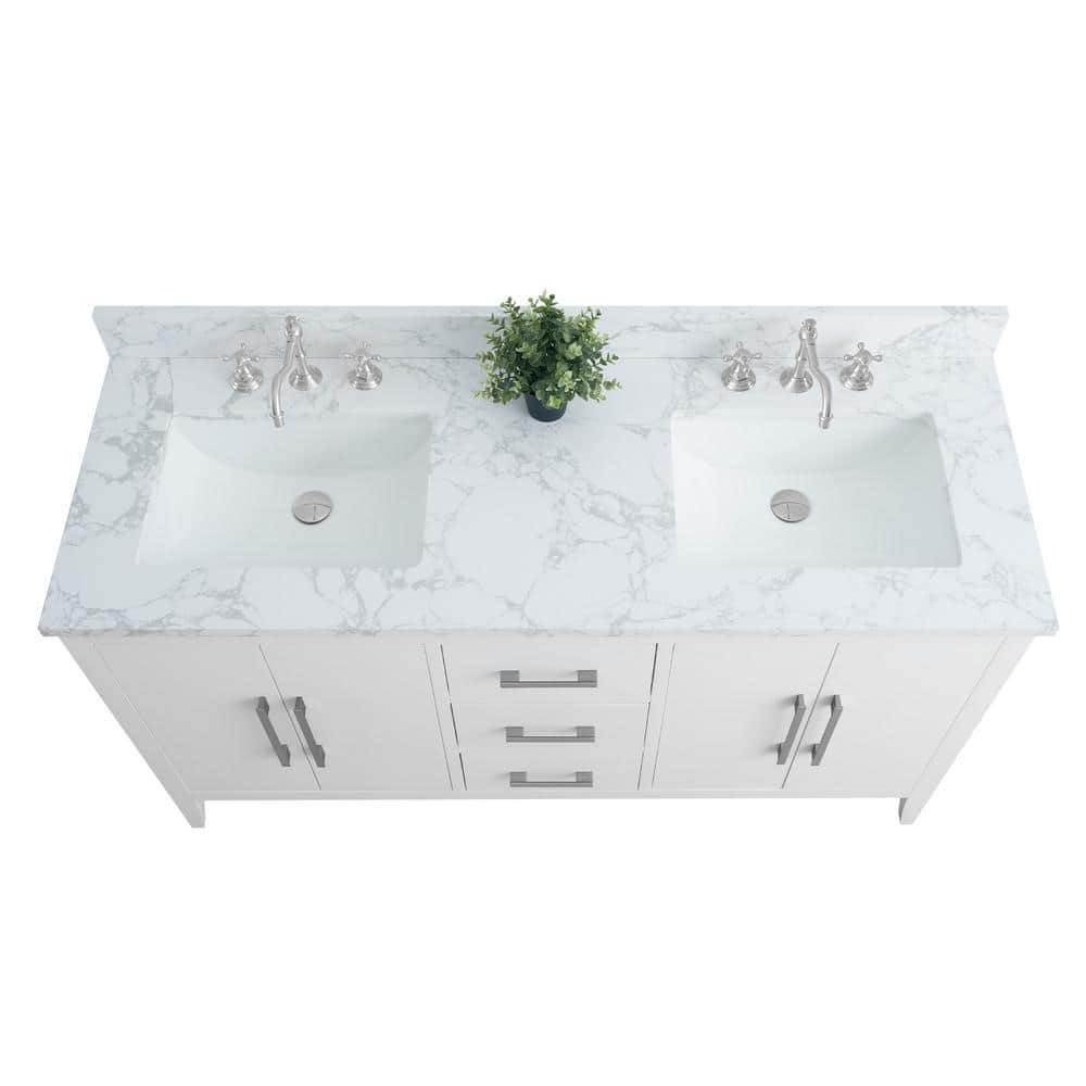 Vanity Art 60 in. W x 22 in. D x 34 in. H Double Sink Bathroom Vanity Cabinet in White with Engineered Marble Top in White