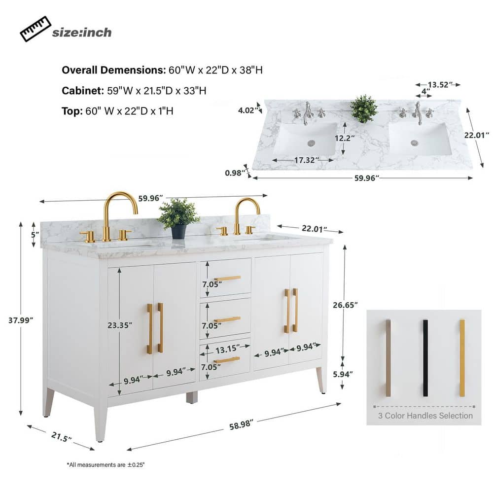 Vanity Art 60 in. W x 22 in. D x 34 in. H Double Sink Bathroom Vanity Cabinet in White with Engineered Marble Top in White