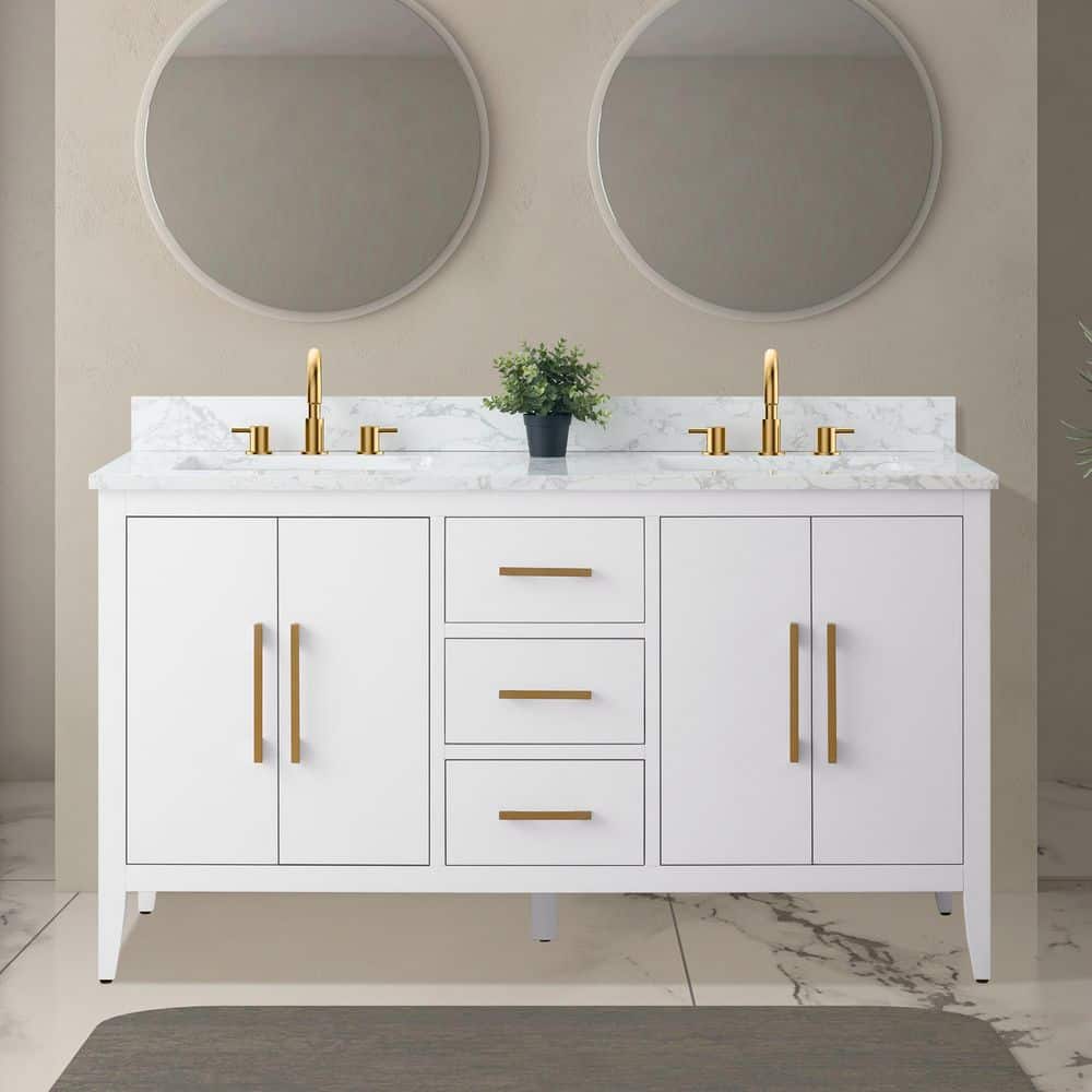 Vanity Art 60 in. W x 22 in. D x 34 in. H Double Sink Bathroom Vanity Cabinet in White with Engineered Marble Top in White