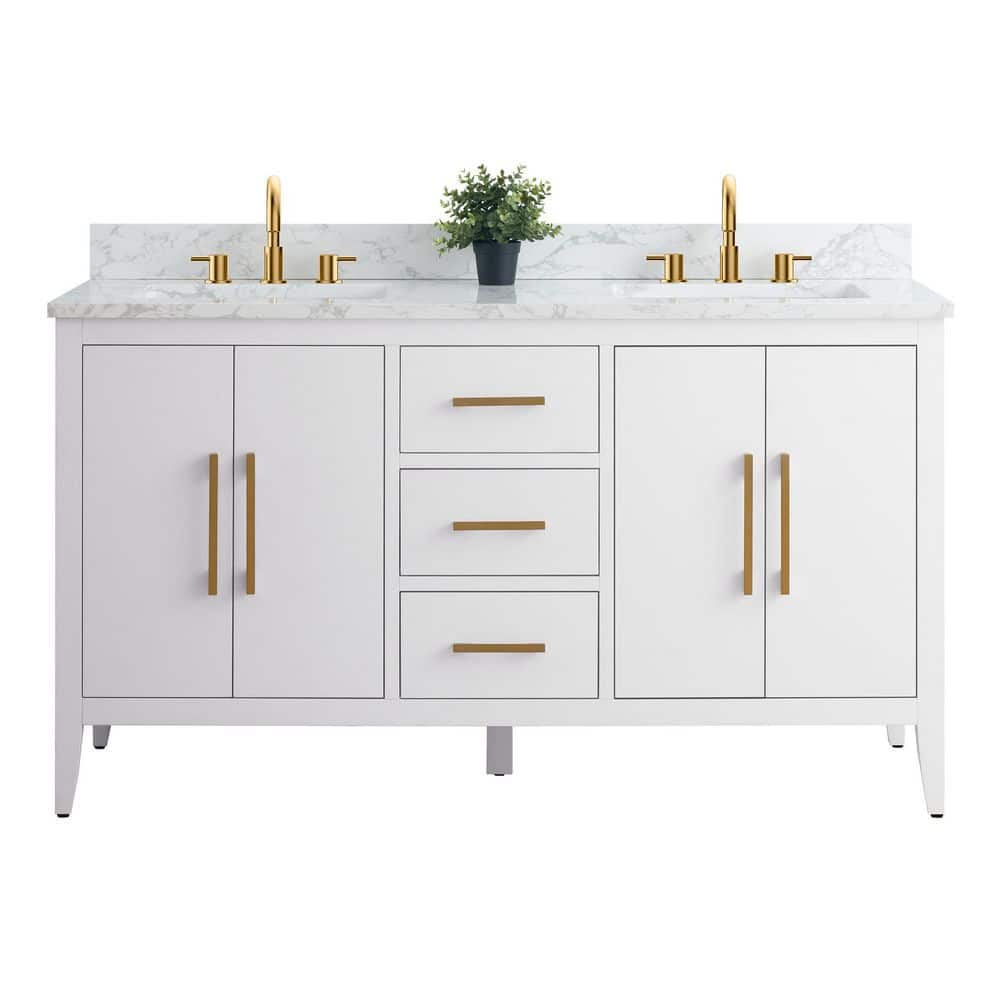 Vanity Art 60 in. W x 22 in. D x 34 in. H Double Sink Bathroom Vanity Cabinet in White with Engineered Marble Top in White