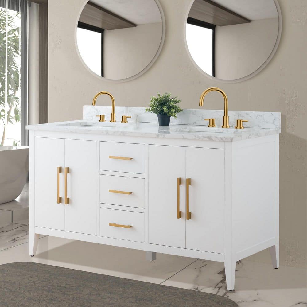 Vanity Art 60 in. W x 22 in. D x 34 in. H Double Sink Bathroom Vanity Cabinet in White with Engineered Marble Top in White