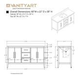 Vanity Art 60 in. W. x 22 in. D x 34 in. H Single Sink Bathroom Vanity Cabinet Driftwood Gray with Engineered Marble Top in White