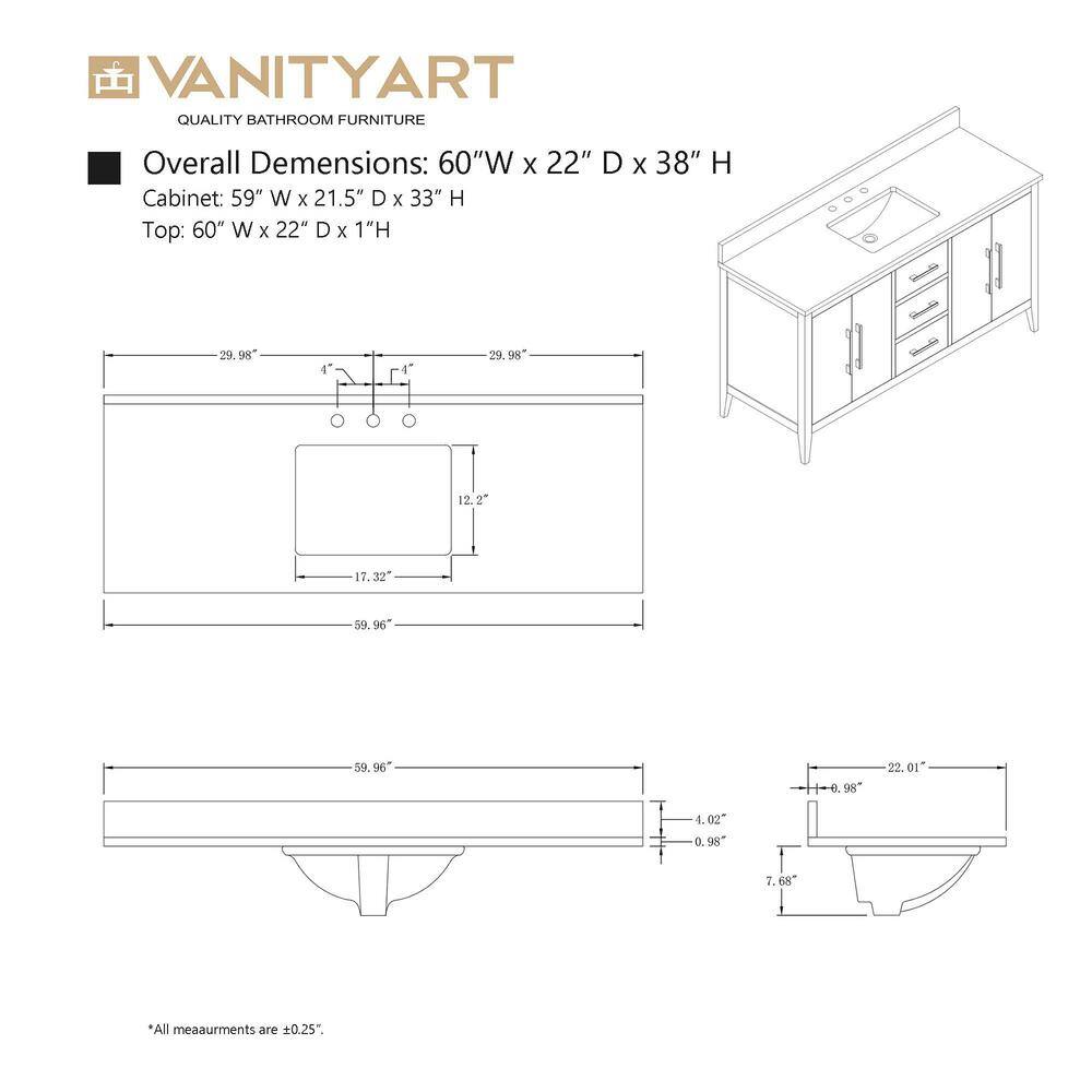 Vanity Art 60 in. W. x 22 in. D x 34 in. H Single Sink Bathroom Vanity Cabinet Driftwood Gray with Engineered Marble Top in White