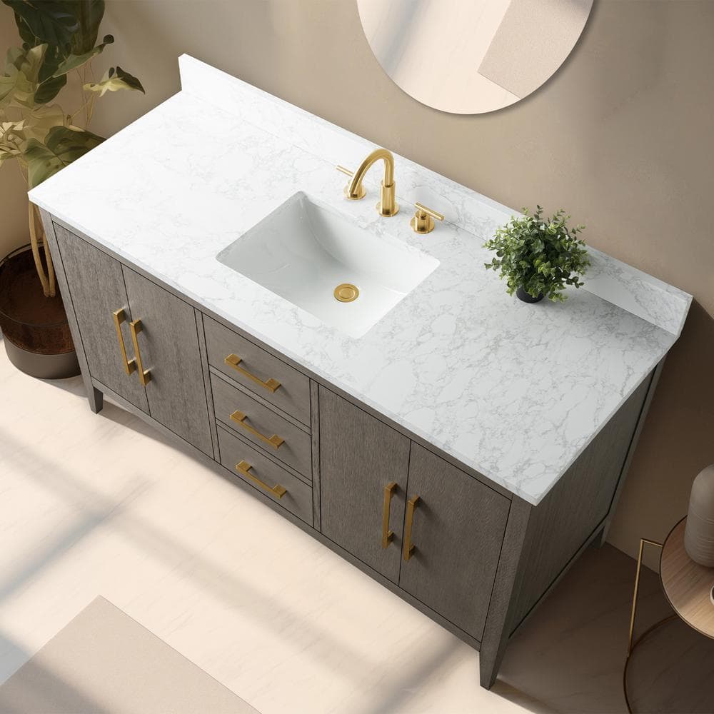 Vanity Art 60 in. W x 22 in. D x 34 in. H Single-Sink Bath Vanity in Driftwood Gray with Engineered Marble Top in Arabescato White