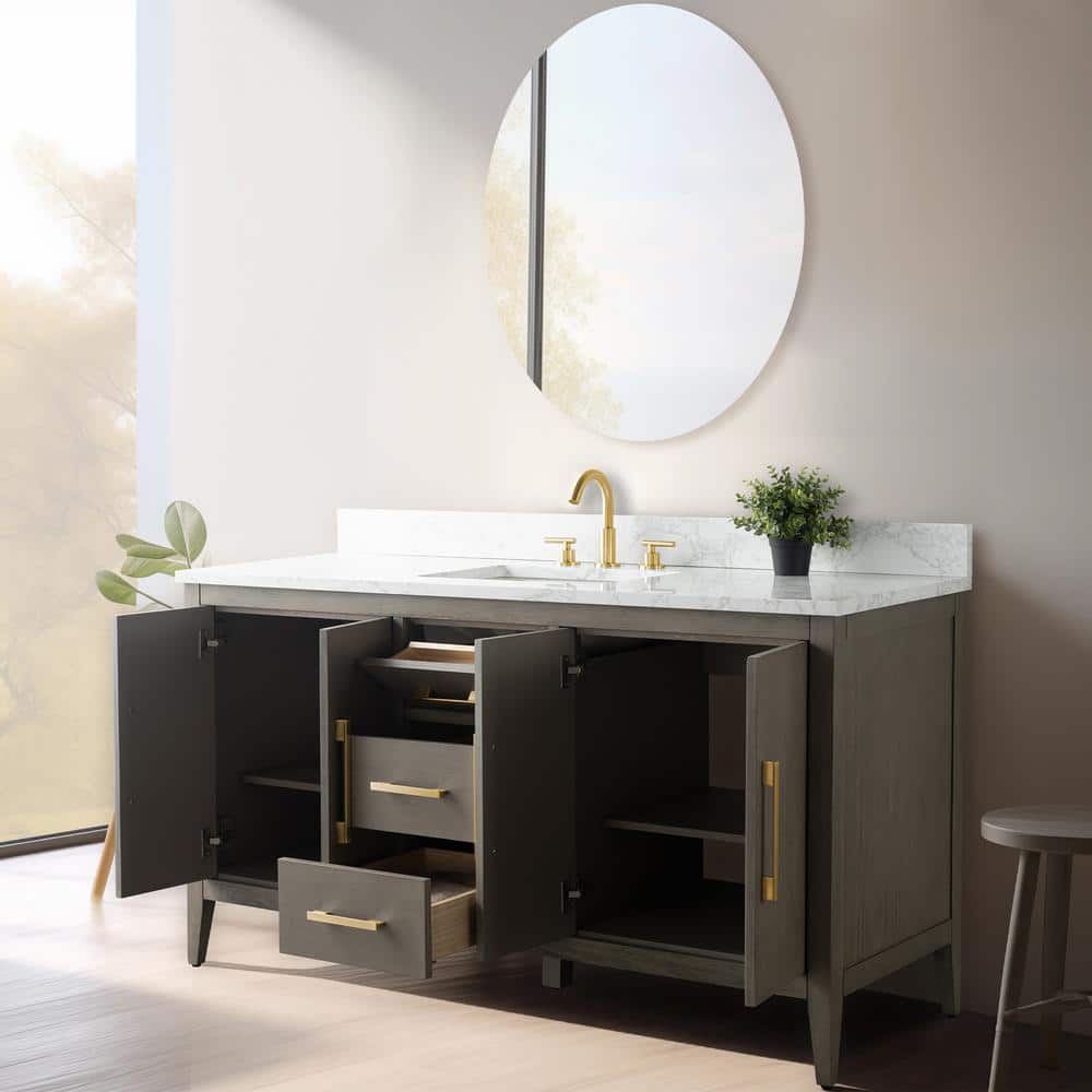 Vanity Art 60 in. W x 22 in. D x 34 in. H Single-Sink Bath Vanity in Driftwood Gray with Engineered Marble Top in Arabescato White