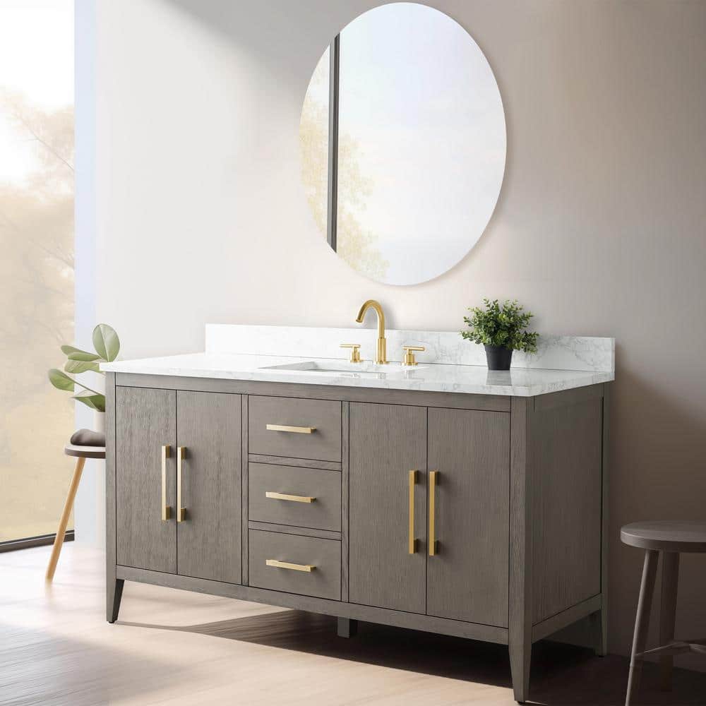Vanity Art 60 in. W x 22 in. D x 34 in. H Single-Sink Bath Vanity in Driftwood Gray with Engineered Marble Top in Arabescato White
