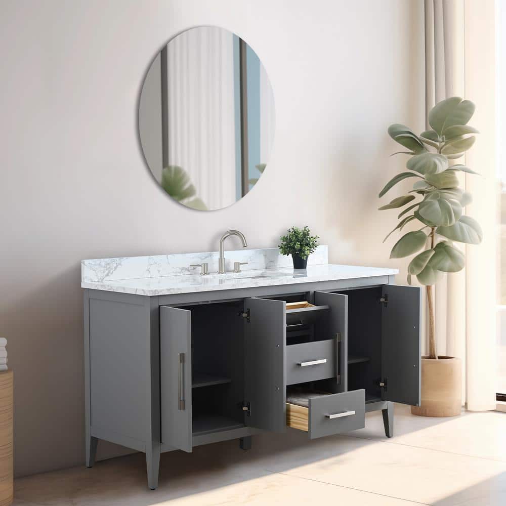 Vanity Art 60 in. W x 22 in. D x 34 in. H Single Sink Bathroom Vanity Cabinet in Cashmere Gray with Engineered Marble Top in White