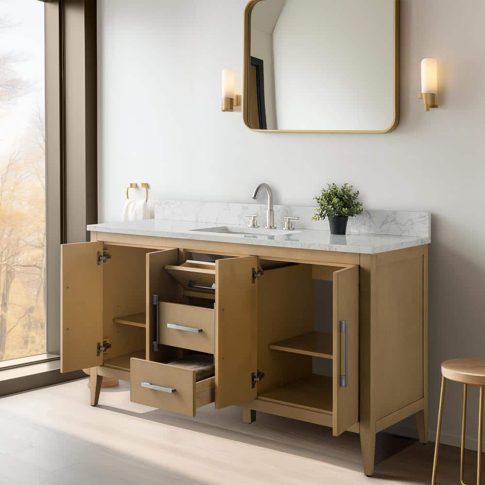 Vanity Art 60 in. W x 22 in. D x 34 in. H Single Sink Bathroom Vanity Cabinet in Natural Oak with Engineered Marble Top
