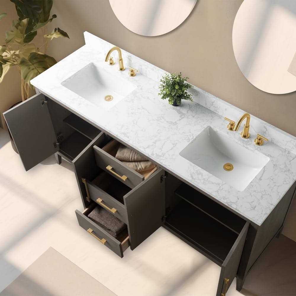 Vanity Art 72 in. W x 22 in. D x 34 in. H Double-Sink Bath Vanity Driftwood Gray with Engineered Marble Top in in Arabescato White