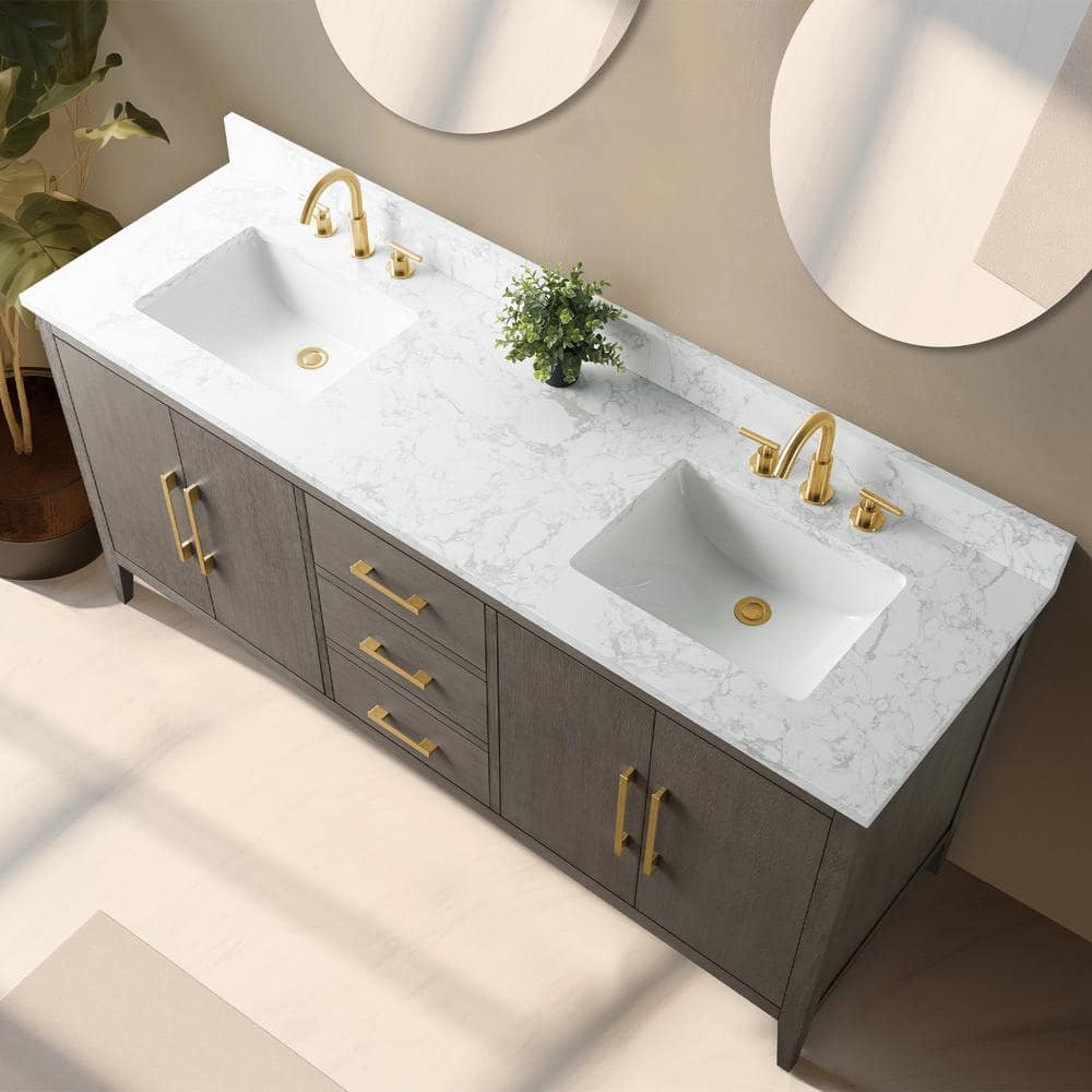 Vanity Art 72 in. W x 22 in. D x 34 in. H Double-Sink Bath Vanity Driftwood Gray with Engineered Marble Top in in Arabescato White