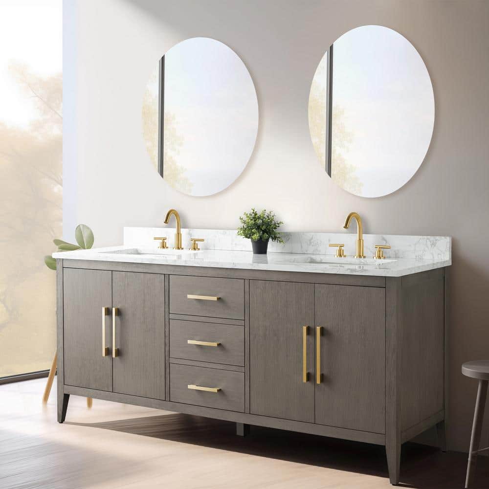 Vanity Art 72 in. W x 22 in. D x 34 in. H Double-Sink Bath Vanity Driftwood Gray with Engineered Marble Top in in Arabescato White
