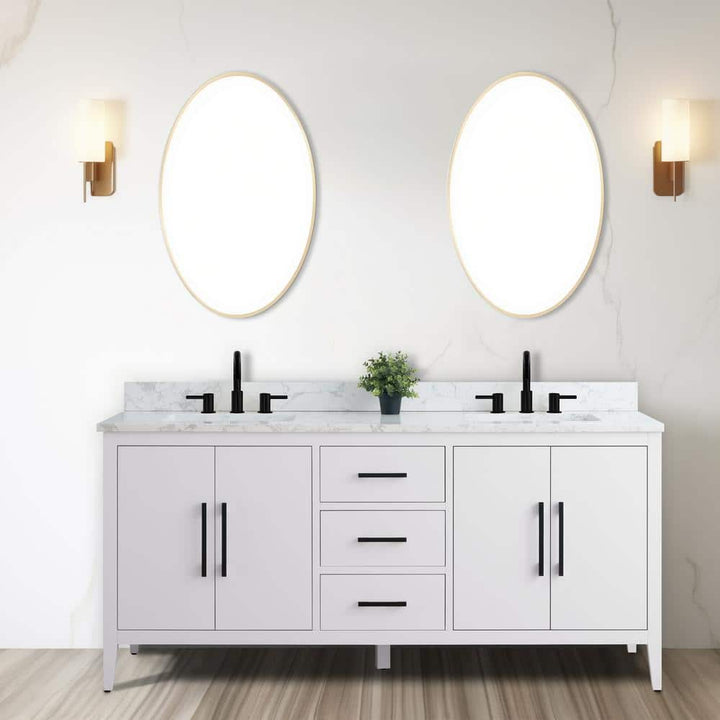 Vanity Art 72 in. W x 22 in. D x 34 in. H Double Sink Bathroom Vanity Cabinet in White with Engineered Marble Top