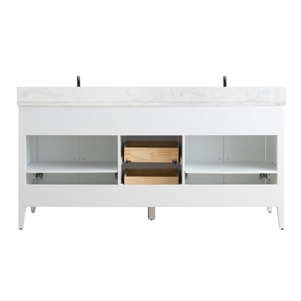 Vanity Art 72 in. W x 22 in. D x 34 in. H Double Sink Bathroom Vanity Cabinet in White with Engineered Marble Top