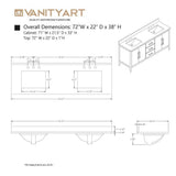 Vanity Art 72 in. W x 22 in. D x 34 in. H Double Sink Bathroom Vanity Cabinet in White with Engineered Marble Top