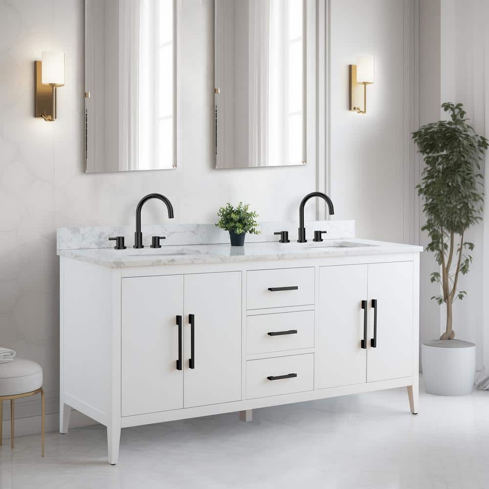 Vanity Art 72 in. W x 22 in. D x 34 in. H Double Sink Bathroom Vanity Cabinet in White with Engineered Marble Top