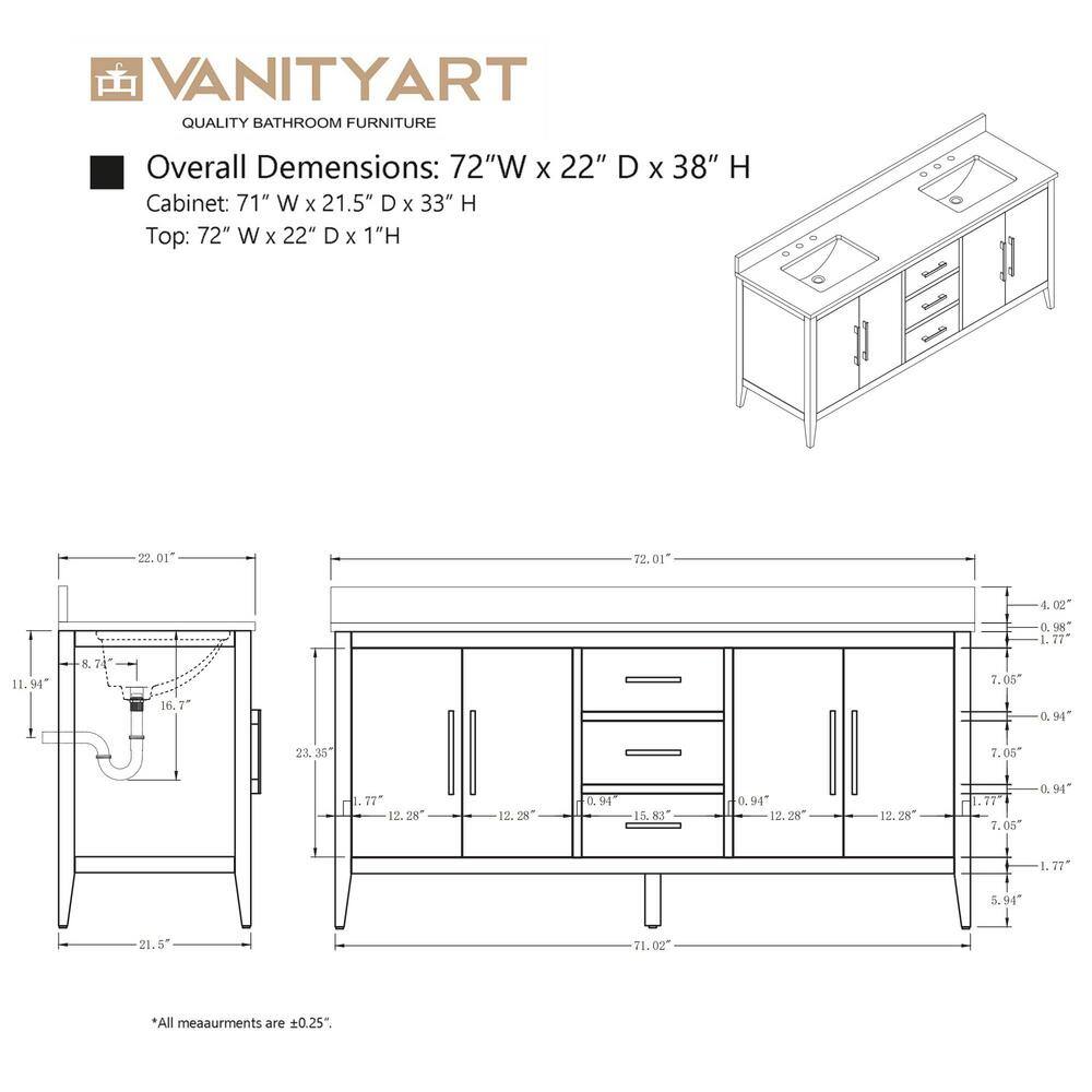 Vanity Art 72 in. W x 22 in. D x 34 in. H Double Sink Bathroom Vanity Cabinet in White with Engineered Marble Top
