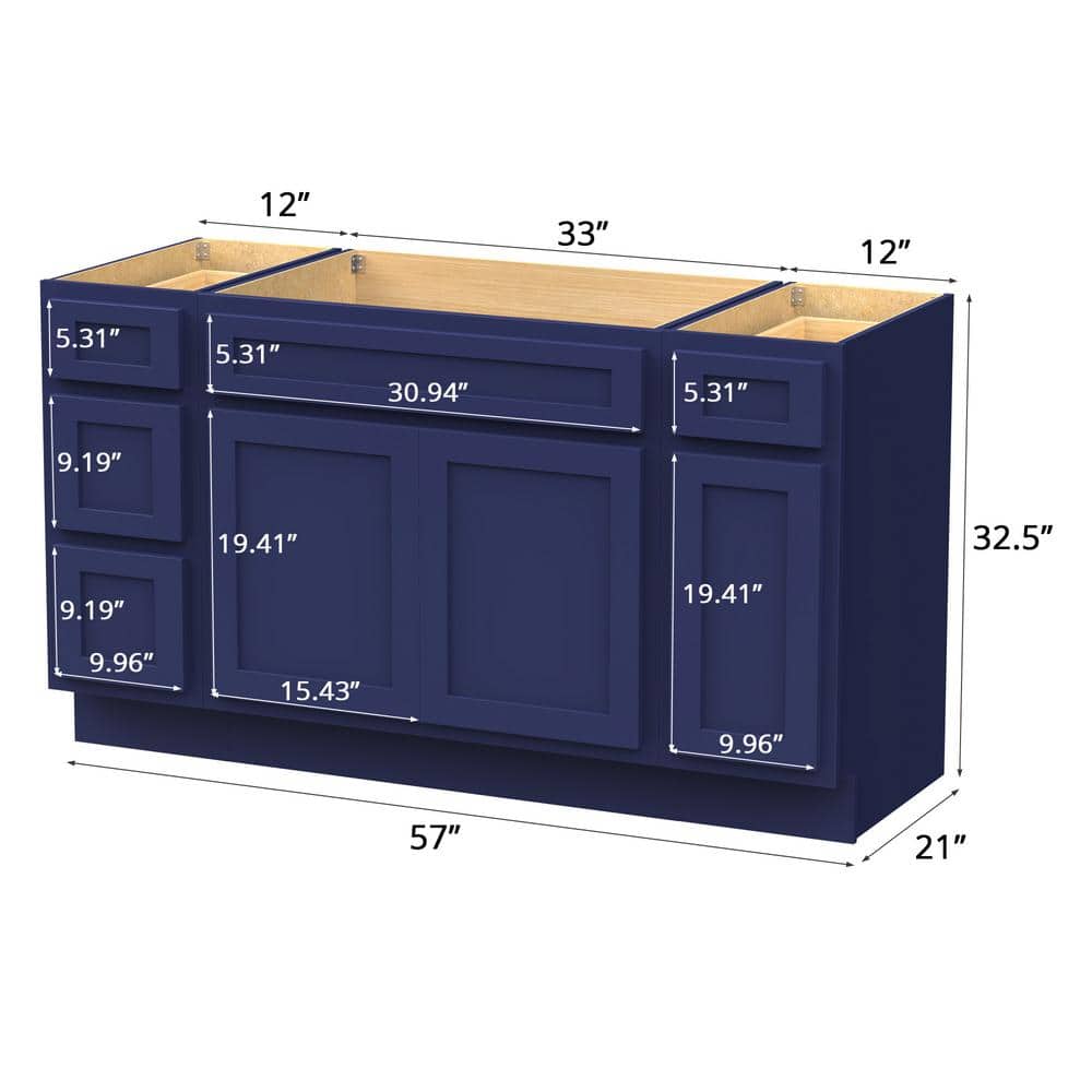 Vanity Art 57 in. W x 21 in. D x 32.5 in. H Bath Vanity Cabinet without Top in Blue