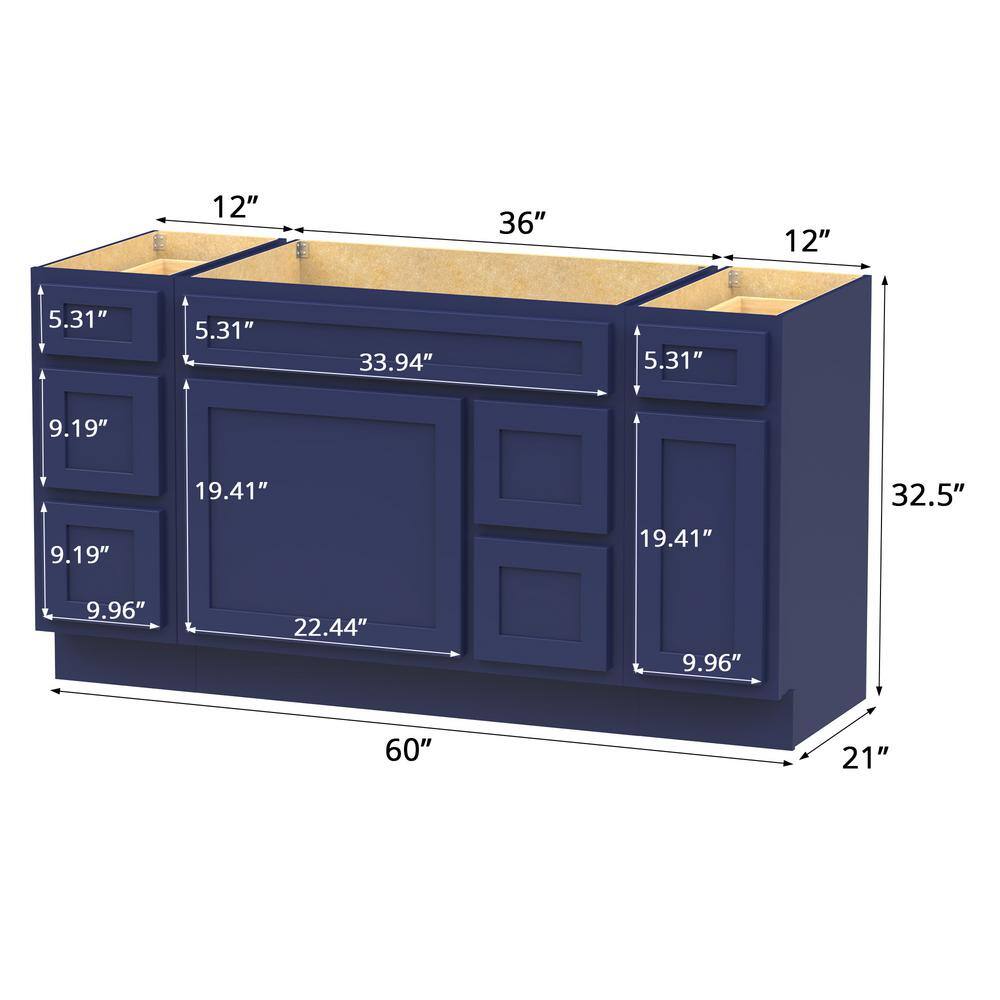 Vanity Art 60 in. W x 21 in. D x 32.5 in. H Bath Vanity Cabinet without Top in Blue