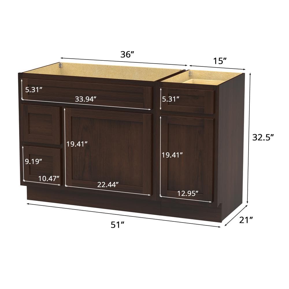 Vanity Art 51 in. W x 21 in. D x 32.5 in. H Bath Vanity Cabinet without Top in Brown