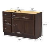 Vanity Art 45 in. W x 21 in. D x 32.5 in. H Bath Vanity Cabinet without Top in Brown