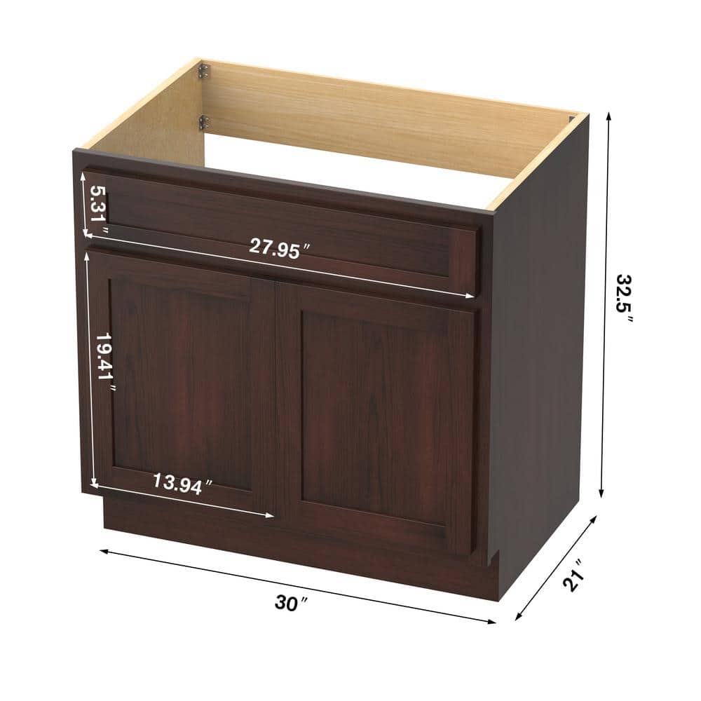 Vanity Art 30 in. W x 21 in. D x 32.5 in. H 2-Doors Bath Vanity Cabinet Only in Brown