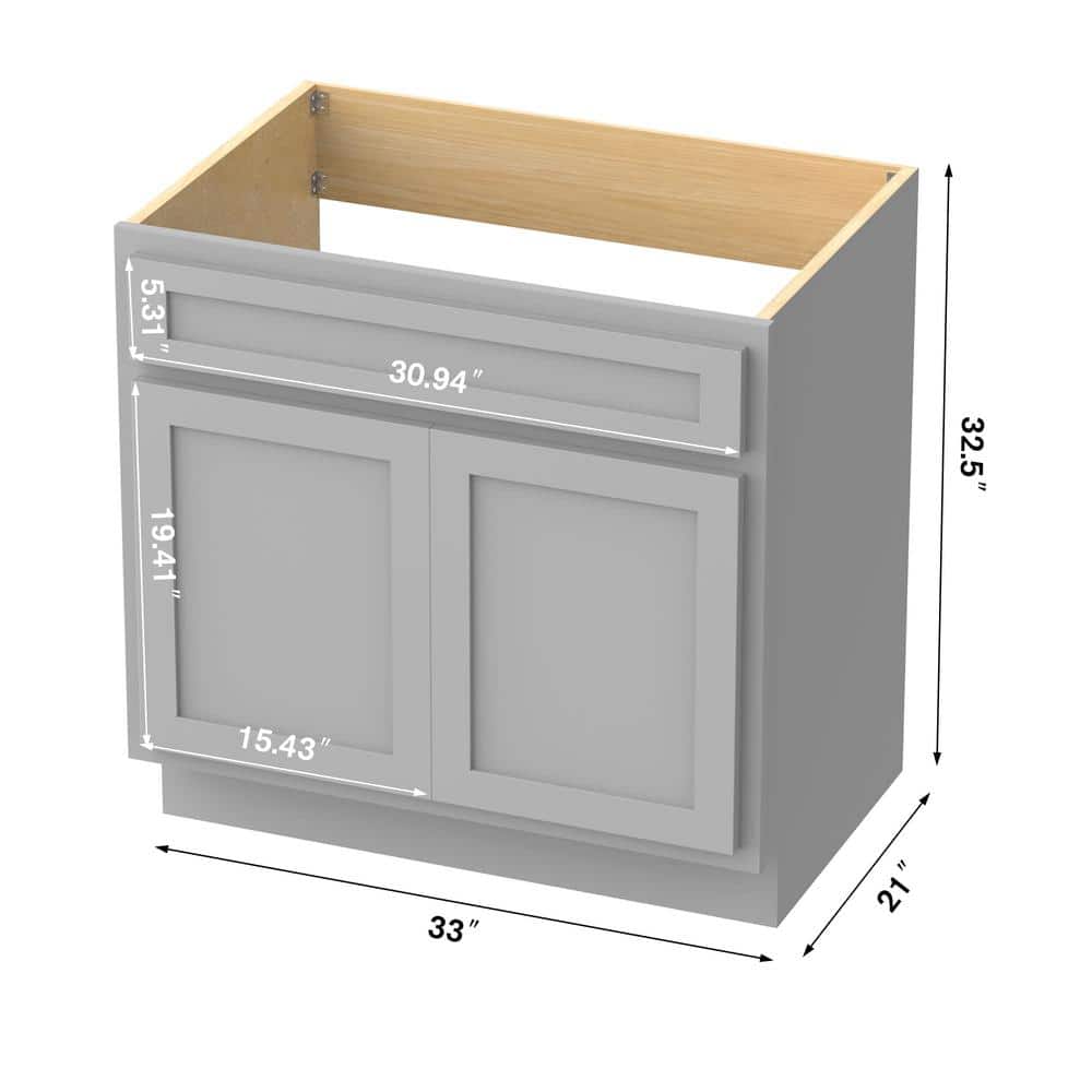 Vanity Art 33 in. W x 21 in. D x 32.5 in. H 2-Doors Bath Vanity Cabinet Only in Gray