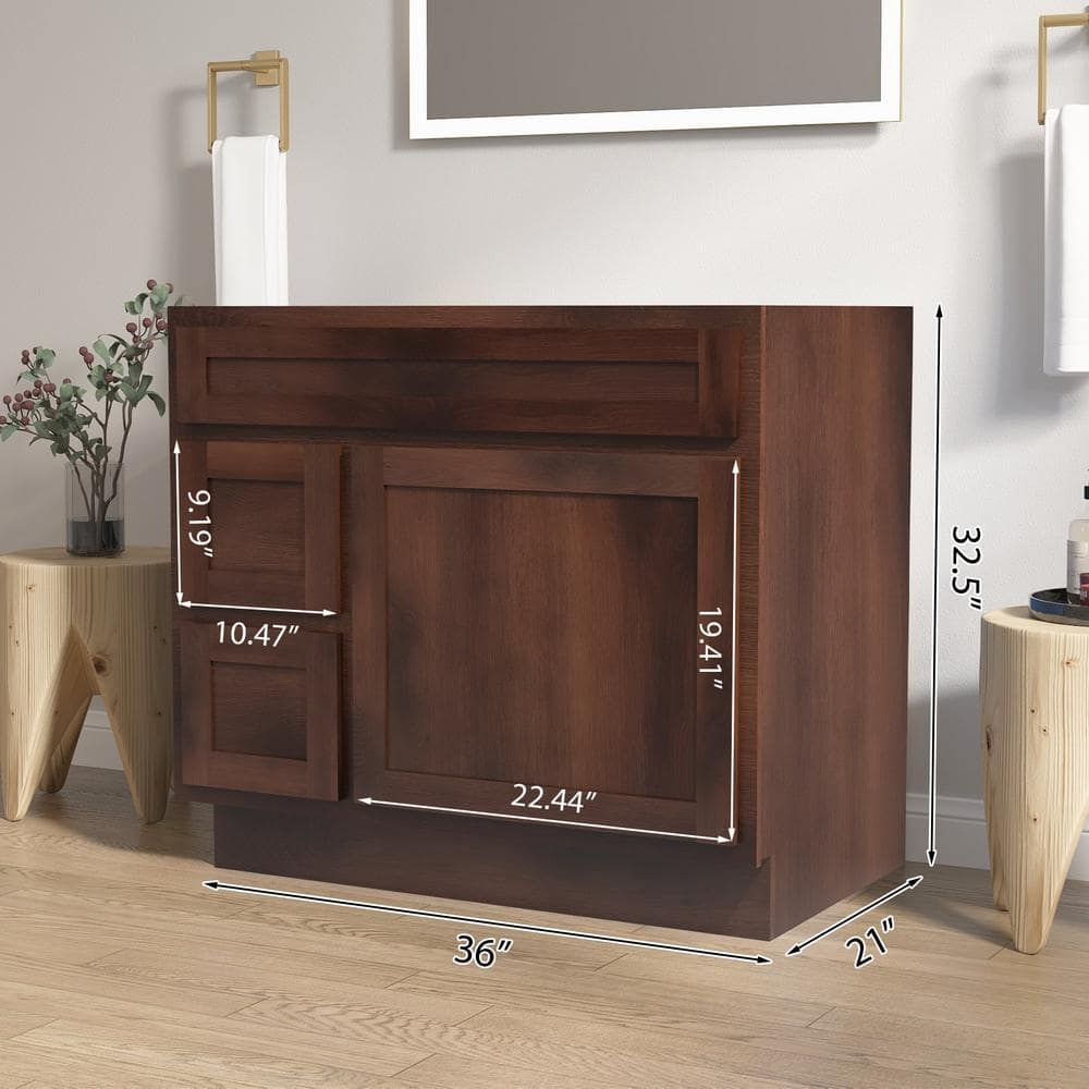 Vanity Art 36 in. W x 21 in. D x 32.5 in. H 2-Left Drawers Bath Vanity Cabinet Only in Brown