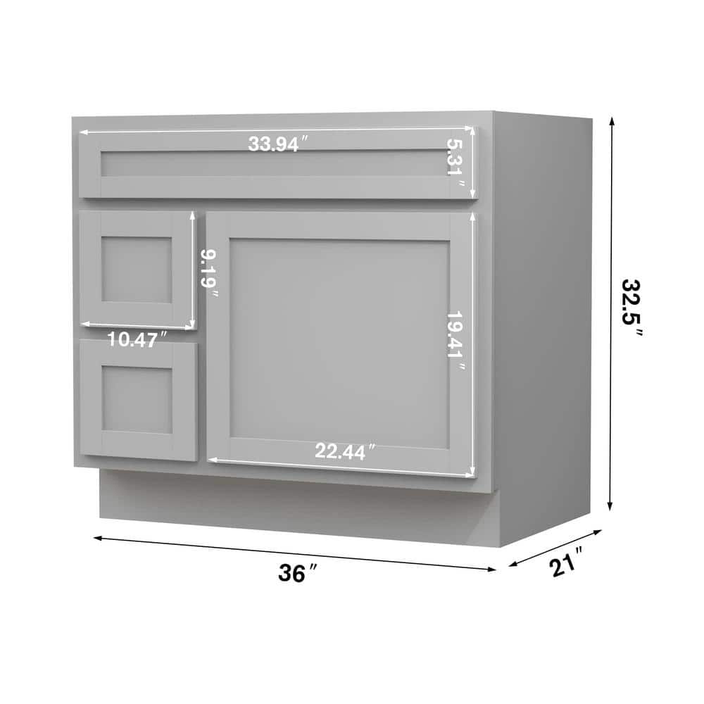 Vanity Art 36 in. W x 21 in. D x 32.5 in. H 2-Left Drawers Bath Vanity Cabinet Only in Gray