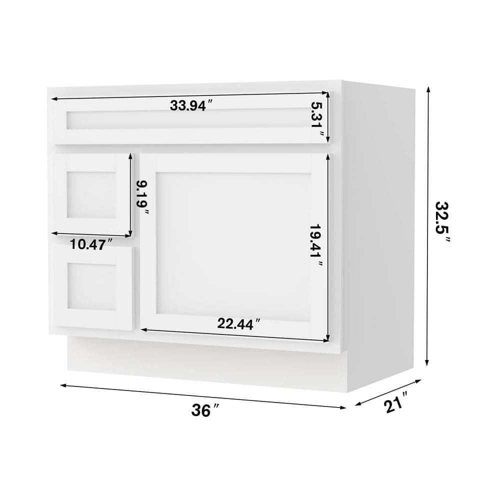 Vanity Art 36 in. W x 21 in. D x 32.5 in. H 2-Left Drawers Bath Vanity Cabinet Only in White