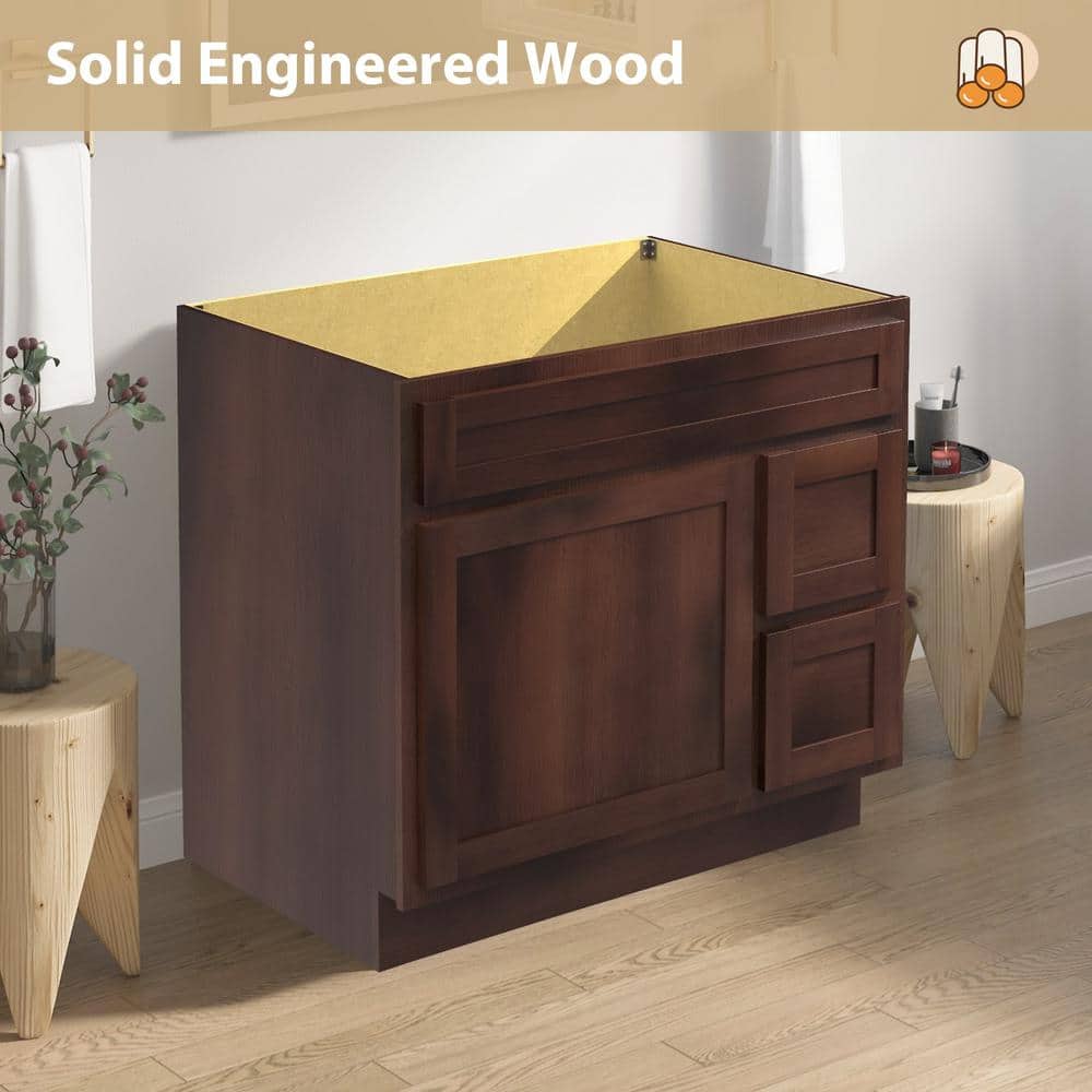 Vanity Art 36 in. W x 21 in. D x 32.5 in. H 2-Right Drawers Bath Vanity Cabinet Only in Brown