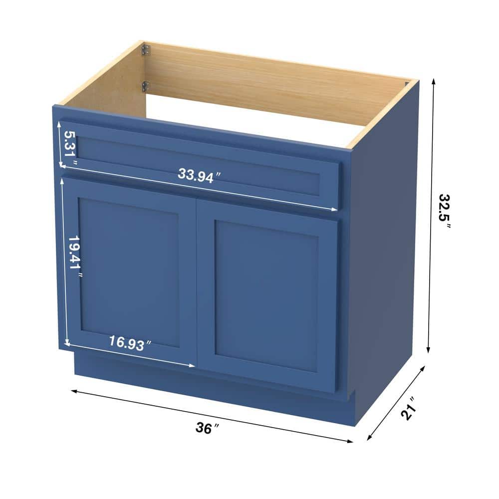 Vanity Art 36 in. W x 21 in. D x 32.5 in. H 2-Doors Bath Vanity Cabinet without Top in Blue