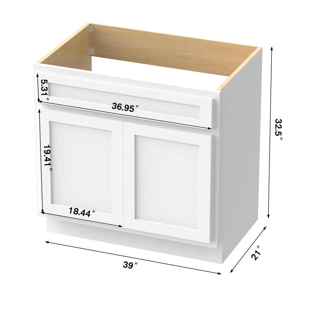 Vanity Art 39 in. W x 21 in. D x 32.5 in. H 2-Doors Bath Vanity Cabinet Only in White